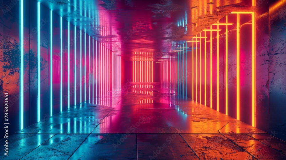 Poster reflective corridor with bright neon columns - a visually striking image of a corridor with reflecti