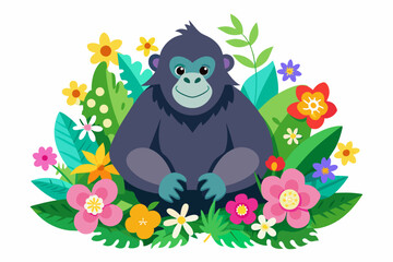 A charming gorilla holds a bouquet of flowers against a white backdrop.