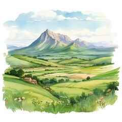 Obraz premium Landscape with mountains and meadow. Hand drawn vector illustration.