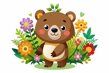 A charming grizzly bear cartoon smiles sweetly while holding a bouquet of colorful flowers.