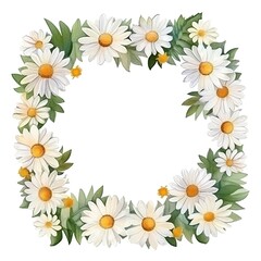 Watercolor floral frame with daisies and leaves isolated on white background