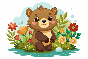 Obraz na płótnie Canvas Charming cartoon grizzly bear adorns itself with a bouquet of vibrant flowers.