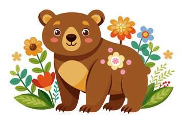 A charming grizzly bear cartoon smiles sweetly while holding a bouquet of colorful flowers.
