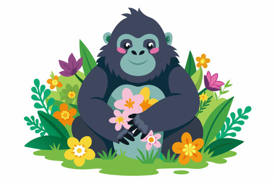 A charming gorilla poses with flowers on a white background, exuding a playful and adorable aura.