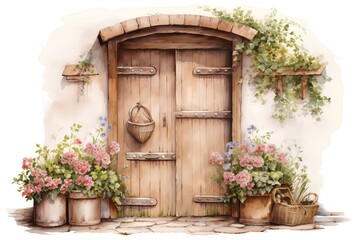 Fototapeta na wymiar Watercolor illustration of a rustic wooden door with flowers and baskets