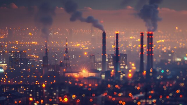 Defocused background image of a sprawling cityscape where vibrant strings of light emanate from towering smokestacks creating an industrious yet enchanting atmosphere. .