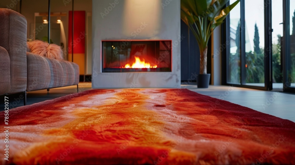 Aufkleber a large plush rug in shades of red and orange is p in front of the fireplace adding a luxurious touc