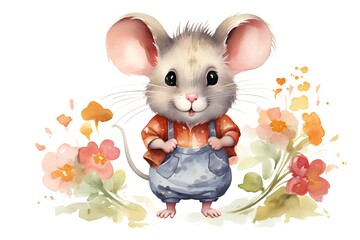 Cute cartoon mouse with flowers. Hand drawn watercolor illustration.