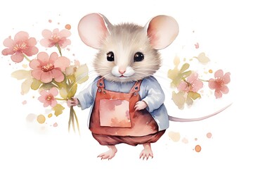Watercolor illustration of a cute mouse in apron, with flowers.