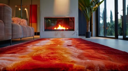Obraz premium A large plush rug in shades of red and orange is p in front of the fireplace adding a luxurious touch to the space. It feels soft underfoot reminiscent of the sand dunes outside. .