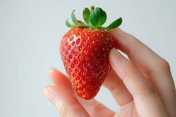 Obraz premium Hand holding strawberry isolated on gray background, healthy fruit food