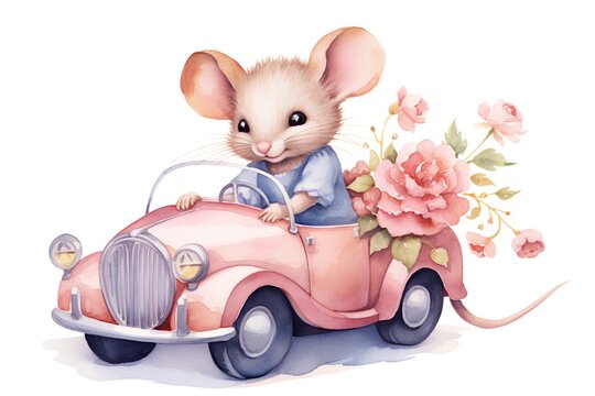 Watercolor illustration of a cute mouse in a car with flowers.