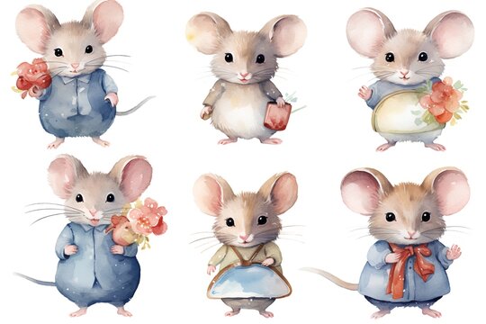 Watercolor set of cute mouse. Hand painted illustration isolated on white background