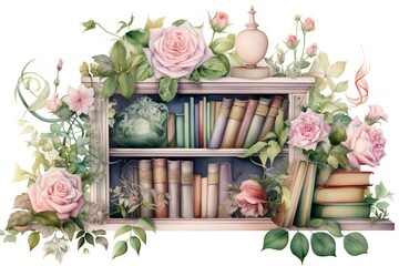 Vintage bookshelf with flowers and plants. Vector illustration.