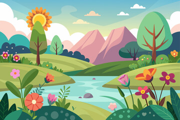 Charming cartoon landscape with colorful flowers blooming in the background.