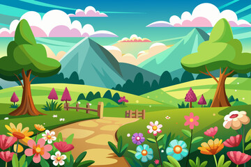 Landscape cartoon charming with flowers on a back