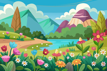 Fototapeta na wymiar Charming landscape cartoon featuring a backdrop adorned with vibrant flowers.
