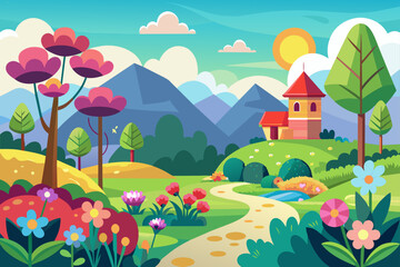 Fototapeta premium A charming landscape cartoon with colorful flowers adorning the background.