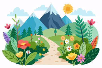 A charming hiker poses against a white background, surrounded by vibrant wildflowers.