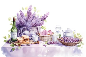 Watercolor illustration of a table with a bottle of wine, a basket of lavender, a plate of pancakes, a glass of champagne, a wicker basket of grapes, a jug of milk, a bouquet of flowers. - obrazy, fototapety, plakaty