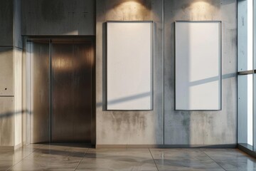 elevator poster mockup two vertical frames hanging on lift wall 3d rendering - obrazy, fototapety, plakaty