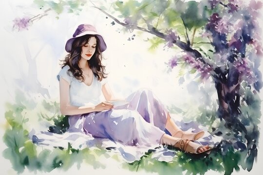 Beautiful young woman sitting under the tree. Watercolor painting.