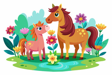 Charming cartoon horses adorned with vibrant flowers frolic in a whimsical meadow.