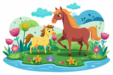 A charming cartoon horse adorned with blooming flowers frolics in a picturesque meadow.