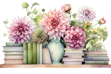 Watercolor bouquet of dahlias, eucalyptus, dahlia in vase and books on a white background
