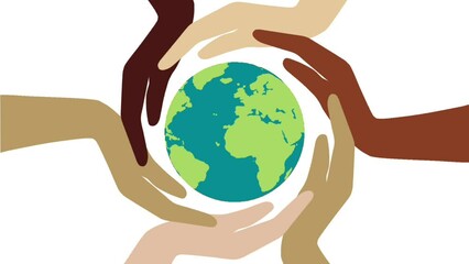 Animated multicolor hands and spinning globe. Save the earth concept. Happy earth day