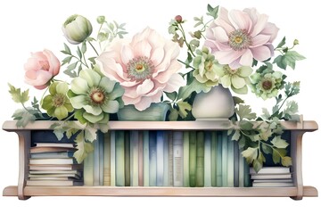 Wooden shelf with flowers and books isolated on white background. Watercolor illustration.