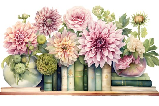 Vintage books with dahlia flowers. Watercolor illustration.