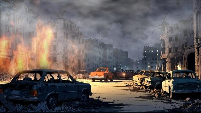 illustration of a destroyed city and burning cars