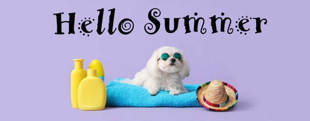 Adorable Bolognese dog in sunglasses lying on towel with hat and sunscreen on lilac background