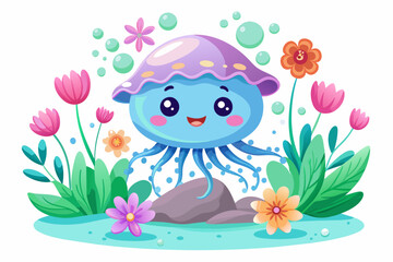 Charming cartoon jellyfish adorned with colorful flowers swims gracefully through the water.