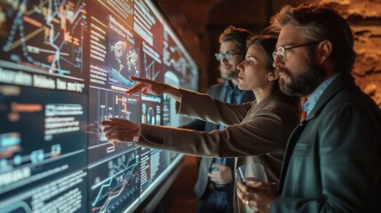 A group of historians gather around a large touch screen display intently studying a detailed timeline of technological developments throughout history as they search for connections . - obrazy, fototapety, plakaty