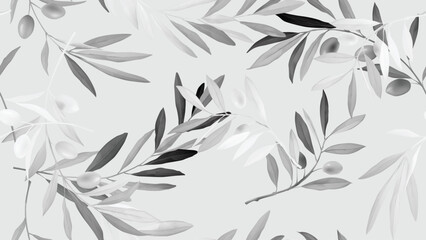 Seamless pattern, grey olive leaf branch on bright grey background
