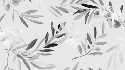  Seamless pattern, grey olive leaf branch on bright grey background © momosama
