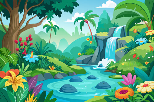 Charming jungle scene with vibrant flowers against a pristine white backdrop.
