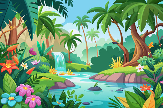 Charming jungle scene with vibrant flowers against a pristine white backdrop.