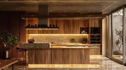 minimalits kitchen with wood cabinets, Modern scandinavian kitchen design , 3d rendering. ai generative