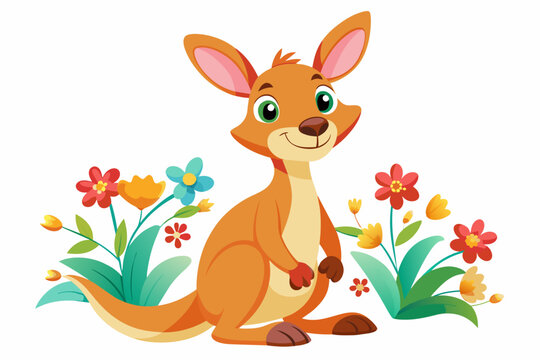 A charming cartoon kangaroo exudes happiness with colorful flowers adorning its body.