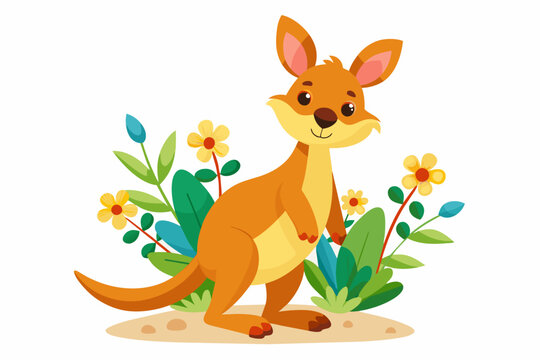 Charming cartoon kangaroo adorned with vibrant flowers.
