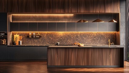 minimalits kitchen with wood cabinets, Modern scandinavian kitchen design , 3d rendering. ai generative