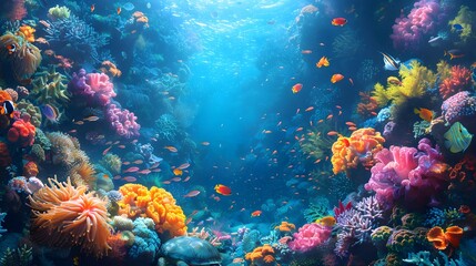 Naklejka na ściany i meble vibrant coral reef teeming with colorful fish, anemones and sea turtles in full color with bright, vivid colors. The image is highly detailed and ultra realistic in the style of a coral reef scene