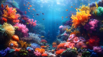 vibrant coral reef teeming with colorful fish, anemones and sea turtles in full color with bright, vivid colors. The image is highly detailed and ultra realistic in the style of a coral reef scene - obrazy, fototapety, plakaty