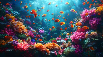 Obraz na płótnie Canvas vibrant coral reef teeming with colorful fish, anemones and sea turtles in full color with bright, vivid colors. The image is highly detailed and ultra realistic in the style of a coral reef scene