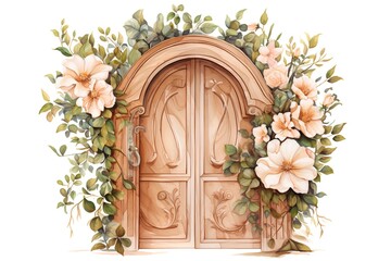 Wooden door decorated with flowers and leaves. Watercolor illustration.