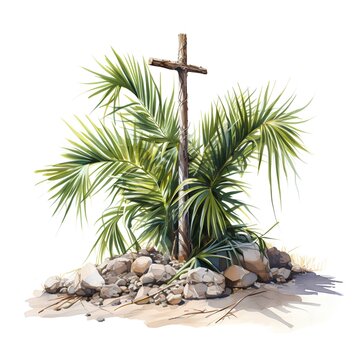 watercolor cross palm tree rocks clip art preview