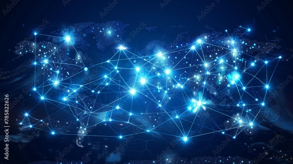 Poster global network technology concept with map - an intricate network of blue lines and light points cre